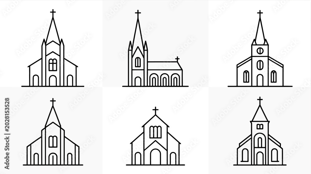 Fototapeta premium Six different church building illustrations with simple line art style