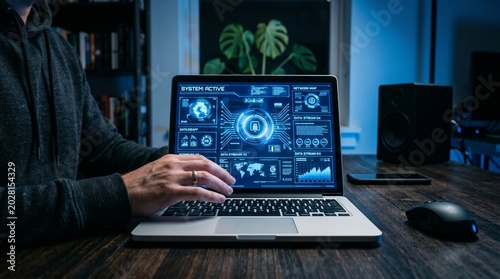 Man working on laptop with futuristic interface in dark room