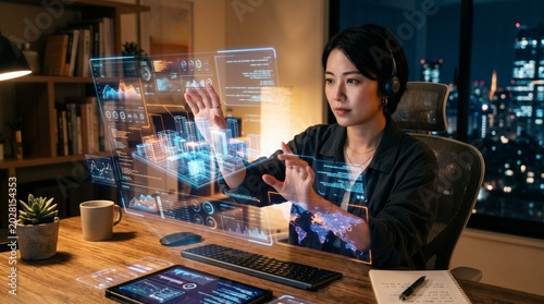 Woman sitting at desk interacting with virtual interface at night