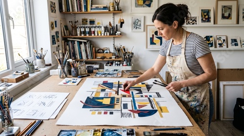 A woman works on an abstract art piece in her cluttered studio.