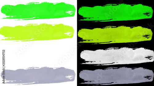 Foto Vibrant neon brush strokes set, colorful acrylic paint smears on white and black