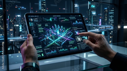 Person holding tablet with futuristic cityscape and data visualization at night