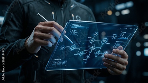 A person interacts with a futuristic holographic interface using a stylus.