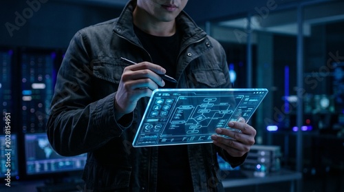 Man interacting with futuristic digital tablet in a dark technological laboratory setting