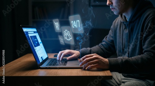 A man works late at night on his laptop with icons floating above