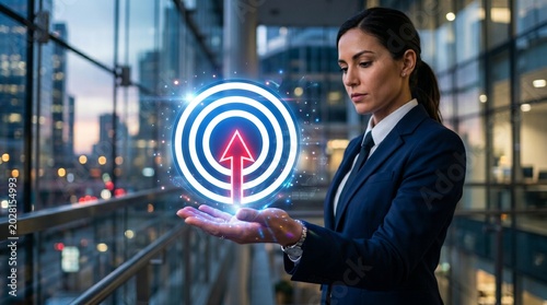 Woman in business suit holds glowing target with arrow on balcony overlooking cityscape at dusk with technology and growth concept