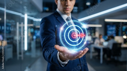 Businessman presenting virtual target symbol in modern office environment