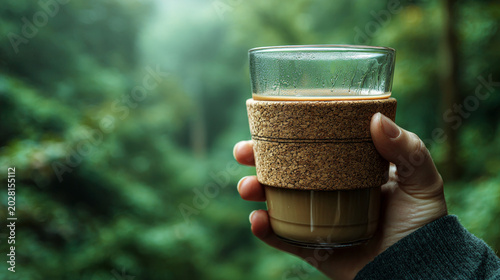 Person holding a reusable glass coffee cup with cork sleeve on blurred green forest background, eco friendly lifestyle concept