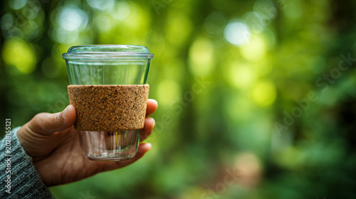 Person holding a reusable glass coffee cup with cork sleeve on blurred green forest background, eco friendly lifestyle concept