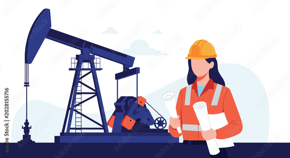 Fototapeta premium Female petroleum engineer wearing a hard hat and holding blueprints standing in front of an oil pump jack and a clear blue sky for industry concept.