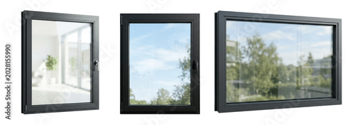 Schilderij op canvas Modern black framed windows with clear insulated glass, energy efficient casemen