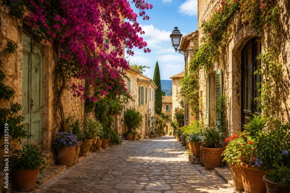 Fototapeta premium Ruelle méditerranéenne fleurie avec façades en pierre au soleil