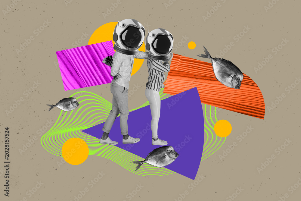 Obraz premium Composite collage pop zine image of peope wear helmet scuba diver under water fishing vacation journey aquarium habitat explore