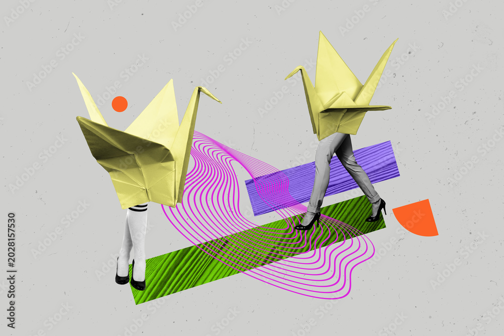 Fototapeta premium Creative drawing full image collage picture of origami bird crane friends couple walk meeting asian traditional folded paper