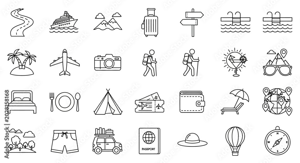 Fototapeta premium Travel icons, vacation symbols, tourism signs, 25 line icons