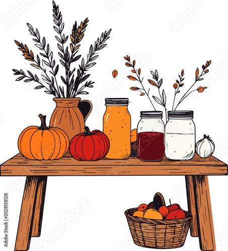  Composición otoñal con tarros de vidrio, flores secas, calabazas y cesta con frutas sobre una mesa de madera en fondo transparente. Ambiente rural acogedor y artesanal.
