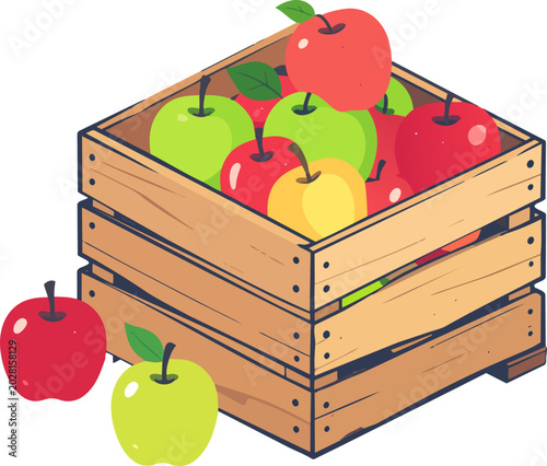 Tres cajas de madera repletas de manzanas de diferentes colores sobre fondo transparente. Composición simple relacionada con agricultura y productos frescos.
