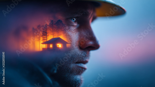 Firefighter Covered in Smoke and Ash with Peaceful Family Home Glowing Warmly at Sunset Inside Silhouette Emotional Storytelling Heroic Cinematic Realism

