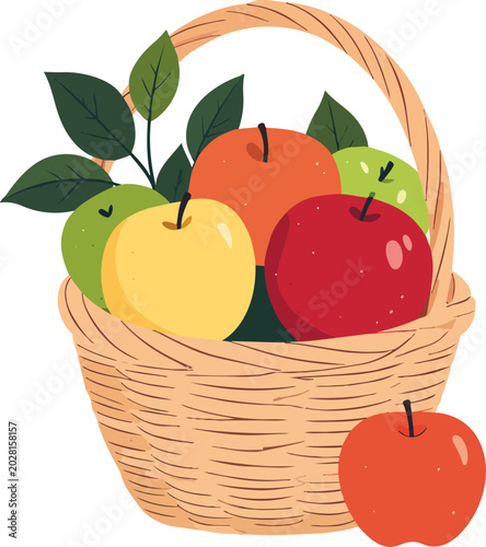  Cesta tejida con manzanas amarillas, verdes y rojas acompañadas de hojas naturales sobre fondo transparente. Composición simple y fresca de frutas otoñales.
