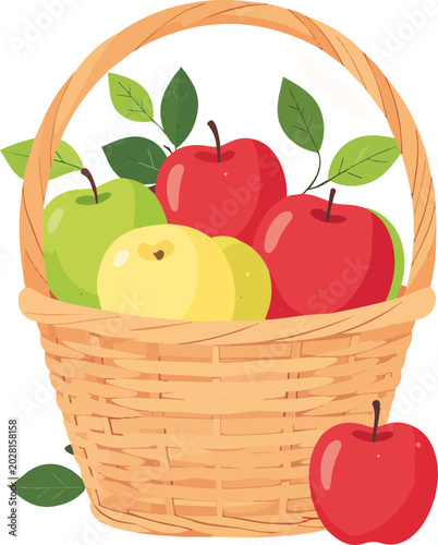 Cesta tejida con manzanas rojas, verdes y amarillas acompañadas de hojas frescas sobre fondo transparente. Concepto de alimentación saludable y cosecha natural.
