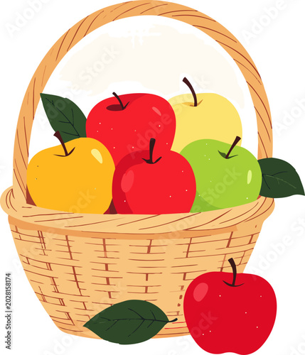  Cesta de mimbre con manzanas rojas y verdes acompañadas de hojas frescas sobre fondo transparente. Concepto de cosecha saludable y fruta natural.
