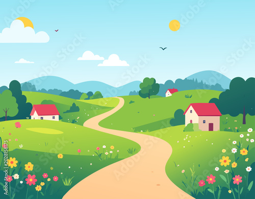  Paisaje campestre con camino sinuoso, colinas verdes, flores silvestres y pequeñas casas rurales bajo cielo azul. Escena tranquila de naturaleza y primavera.
