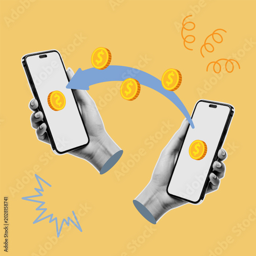 Photos Two smartphones held in hands with floating coins and an arrow indicating the need for a money transfer symbolize mobile banking, online transactions, and digital wallets