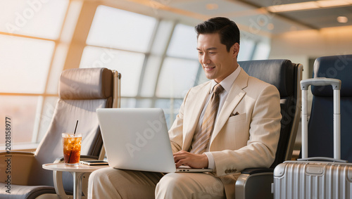 Authentic Asian businessman working on laptop in luxury airport lounge with cocktail, professional business travel moment, editorial corporate photography with copy space