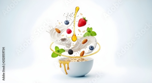 Premium 3D composition of healthy breakfast ingredients suspended mid-air in perfect motion balance chia seeds, berries, oats, almond splashes, yogurt swirls, honey droplets, and mint leaves orbiting 