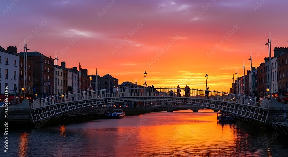 Fototapeta premium Sunset over a bridge reflecting in water with vibrant colors and silhouettes