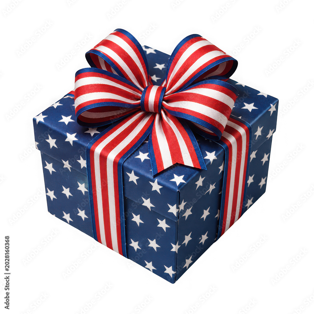 Fototapeta premium Patriotic gift box with stars and stripes bow isolated on transparent background