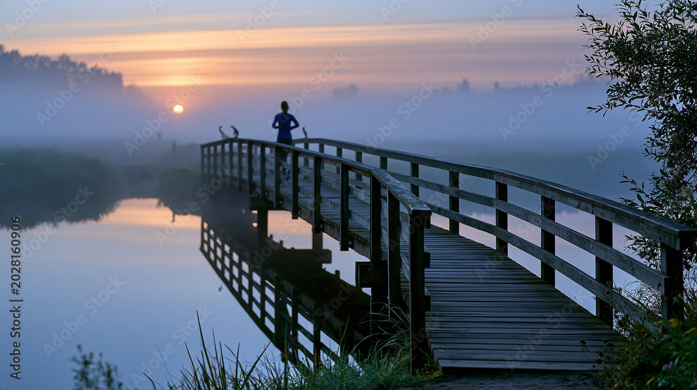 Fototapeta premium Dawn marathon training scene showing a lone female runner crossing a fog-covered wooden bridge over a still river, reflection perfect in water below, perfect for early morning running, endurance tra