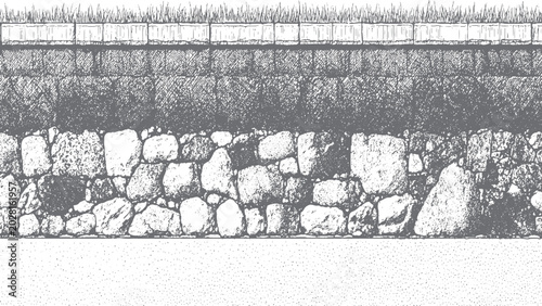 Schilderij op canvas Architectural Landscape Hatch Pattern Set Featuring Grass Stone Wall and Water S