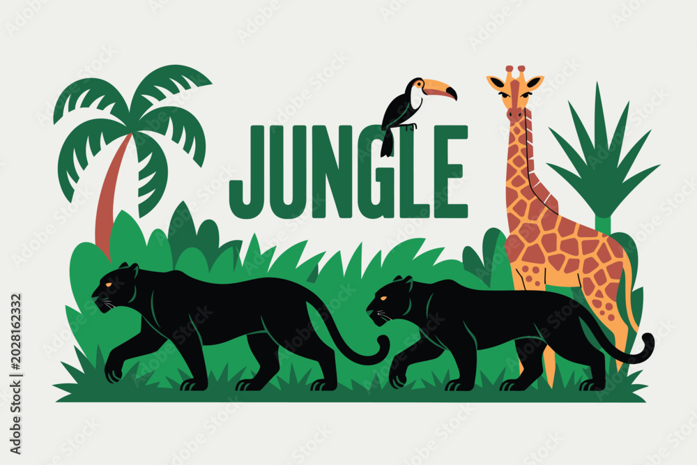 Fototapeta premium Flat illustration of a jungle scene with wild animals and text