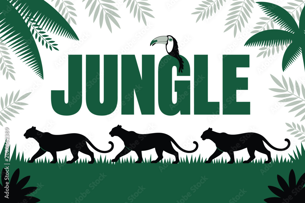 Fototapeta premium Flat vector illustration of jungle text with wild animals and exotic palm leaves