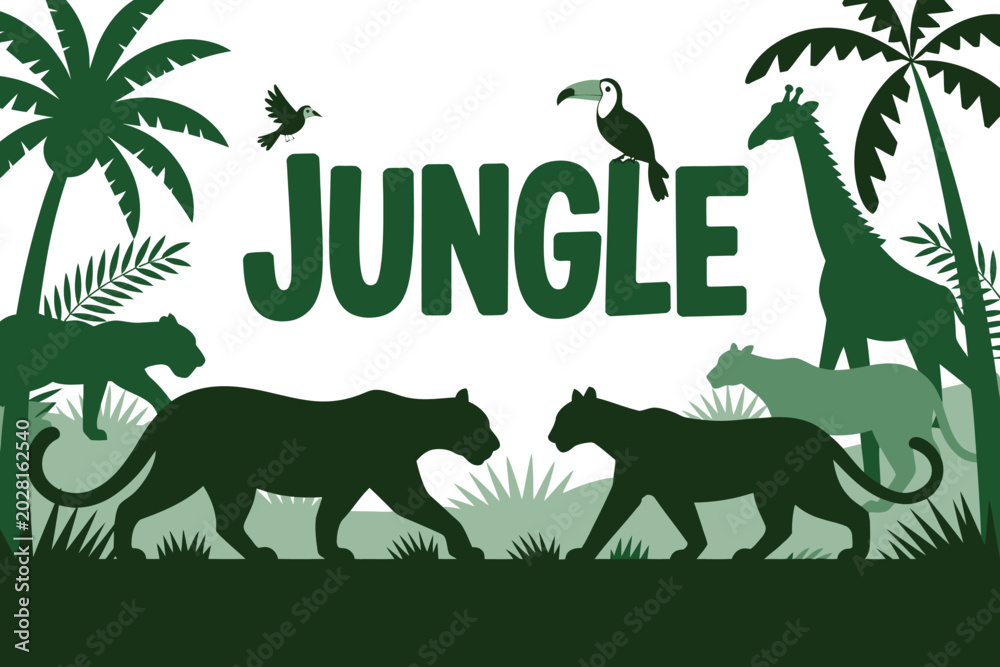 Fototapeta premium Flat vector illustration of jungle scene with wild animals and text