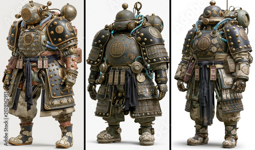 Hyper-Realistic 3D Render of Chinese Guofeng Reconnaissance Exoskeleton Armor with Ancient Motifs and Futuristic Engineering, Isolated on Clean White Background. Generative Ai.