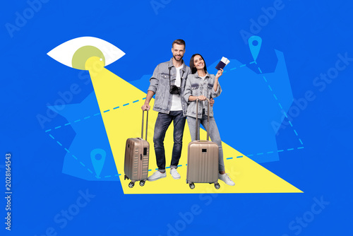 Fotografie Exclusive magazine picture sketch collage image of happy girl guy stand map geol