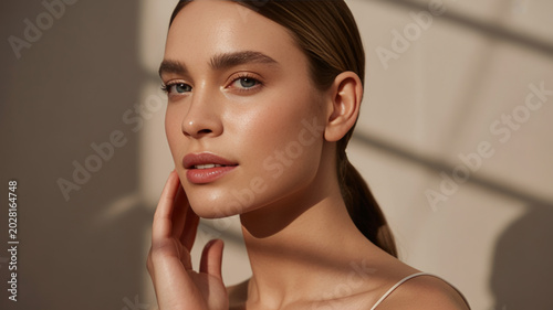 Beautiful young woman touching her soft face with glowing skin under warm sunlight and shadow patterns