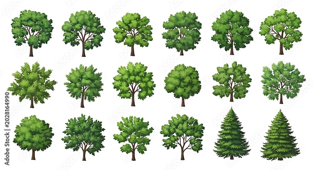 Fototapeta premium Set of various green deciduous and coniferous trees for landscape design and architecture