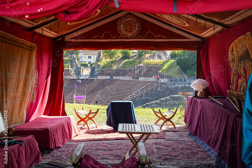 The Festival “Roman fest”. An ancient festival recreating various episodes from the daily life of the Romans. The open tent of the Roman emperor. Augusta Raurica, Kaiseraugst, Switzerland