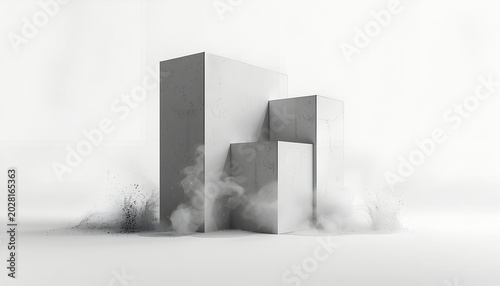 Minimalist Geometric Monoliths Dissolving into Smoke in a White Void