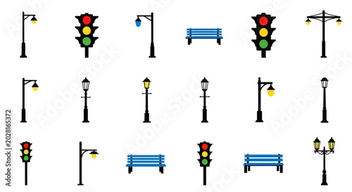 Foto Street Elements Collection: Traffic Lights, Lampposts, and Benches - Vector Icon