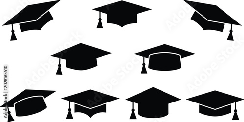 Schilderij op canvas Vector silhouette collection of graduation caps and mortarboards in various angl
