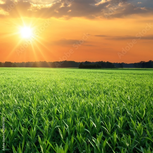 Sunset Over a Green Field With Bright Sky and Clouds in the Background at Evening