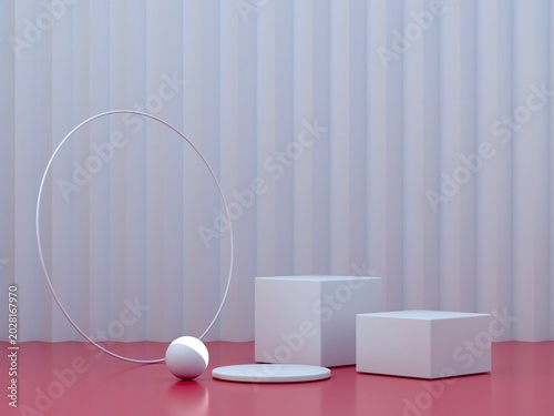 Blue pastel colors and red forms on abstract background. Minimal cylindrical podium. Scene with geometric shapes. Presentation of cosmetic and lifestyle products. Fashion magazine.