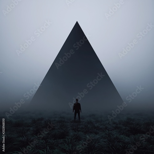 Light Triangle Stands in Fog While a Person Observes in the Dark Night