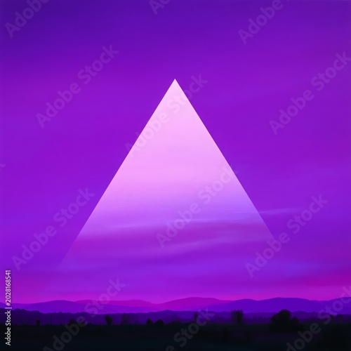 Vibrant Sunset With Purple Sky and Triangle Shape Above Distant Mountains