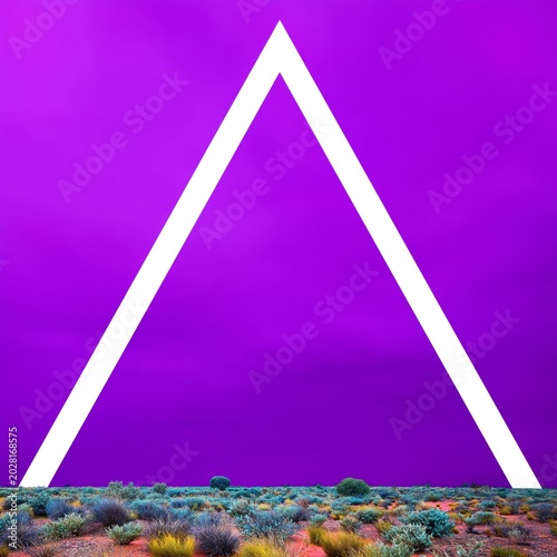 Colorful Geometric Shape Over Desert Landscape During Daytime With Purple Sky and Green Plants