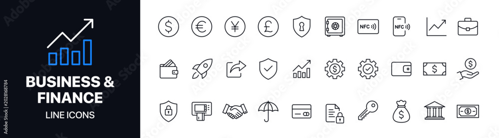 Fototapeta premium Business and finance line icons set featuring banking, analytics, payment, investment, growth, and corporate symbols. Ideal for fintech apps, websites, UI design, and presentations.